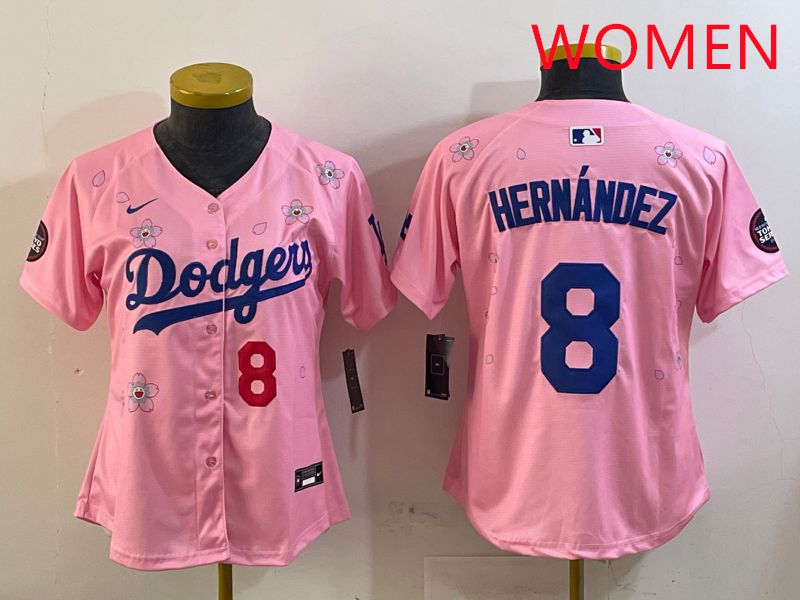 Women Los Angeles Dodgers 8 Hernandez Pink Sakura Edition 2025 Nike MLB Jersey style 1